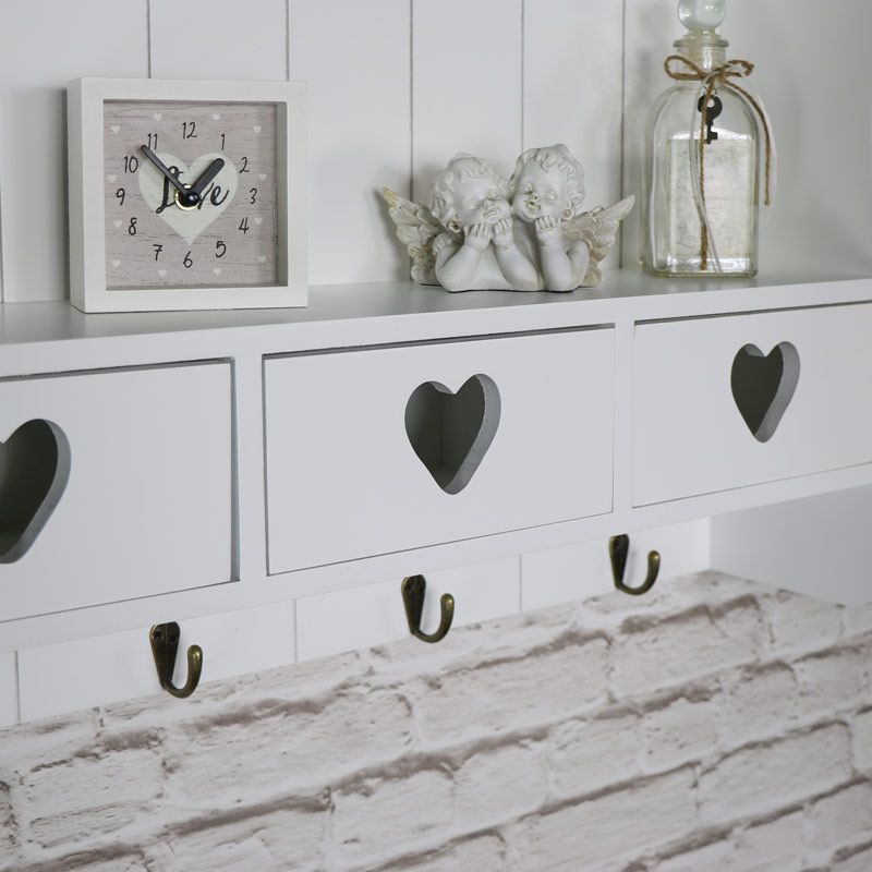Large White Wall Shelf with Heart Drawer Storage Flora